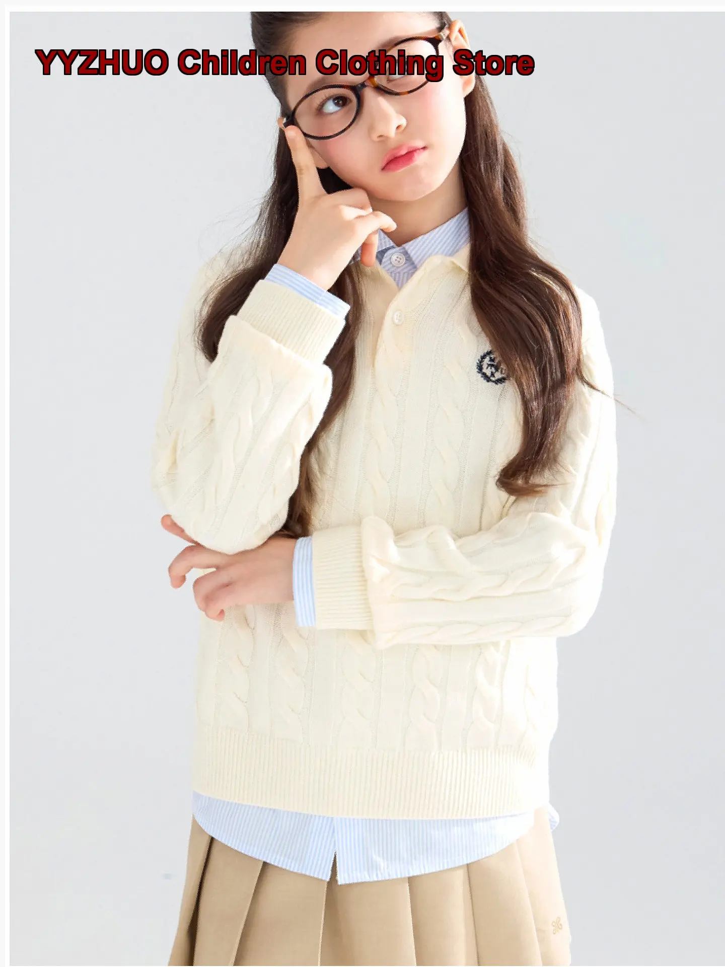 Polo Collar College Style Boys Girls Autumn Cable Blend Knit Sweater
