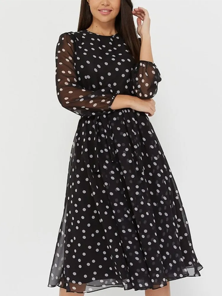 Spring Summer Women\'s Chiffon Dress Long Sleeves Round Neck Coffee Color Black Polka Dot Fashion Print Casual Comfortable Dress