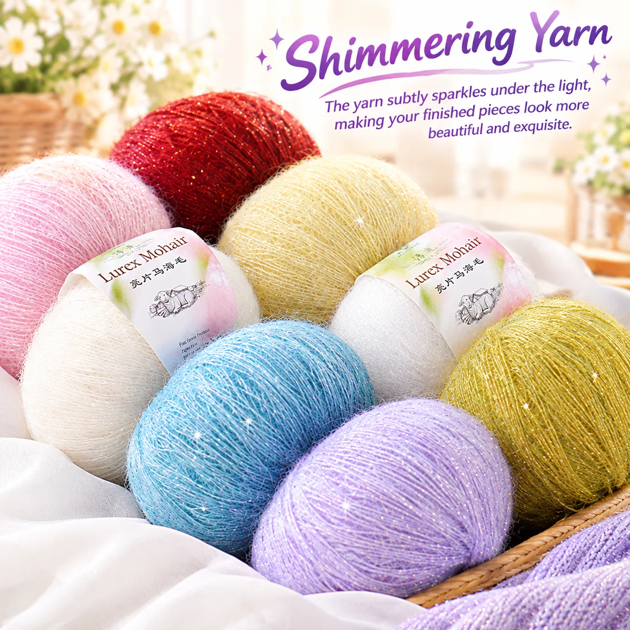 6-Pack of Sequined Mohair Yarn, 25g Per Roll, Total 150g. Fine Mohair Yarn with Glitter, Suitable for Fashionable Knitting, Handmade Knitting of Sweaters, Hats, Gloves, Decorations, Dresses, Doll Accessories, and Other Handmade Crafts
