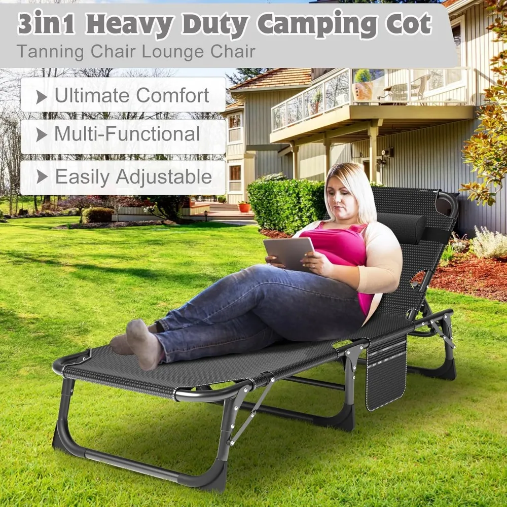 Heavy Duty Outdoor Folding Chaise Lounge Chair with 5 Positions and Cushion - Portable Beach Lounger for Relaxation