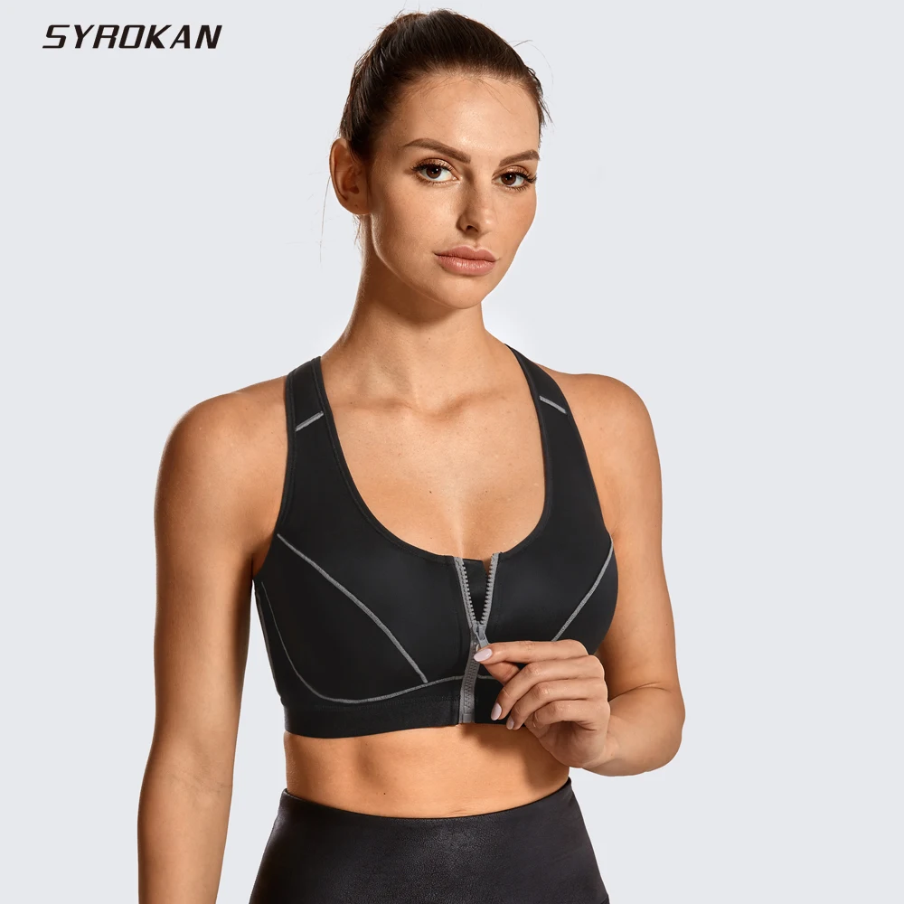 SYROKAN Women Bras Sport High Impact Front Closure Racerback Full Support Wirefree Criss Cross Bra Female Sportswear Gym Top