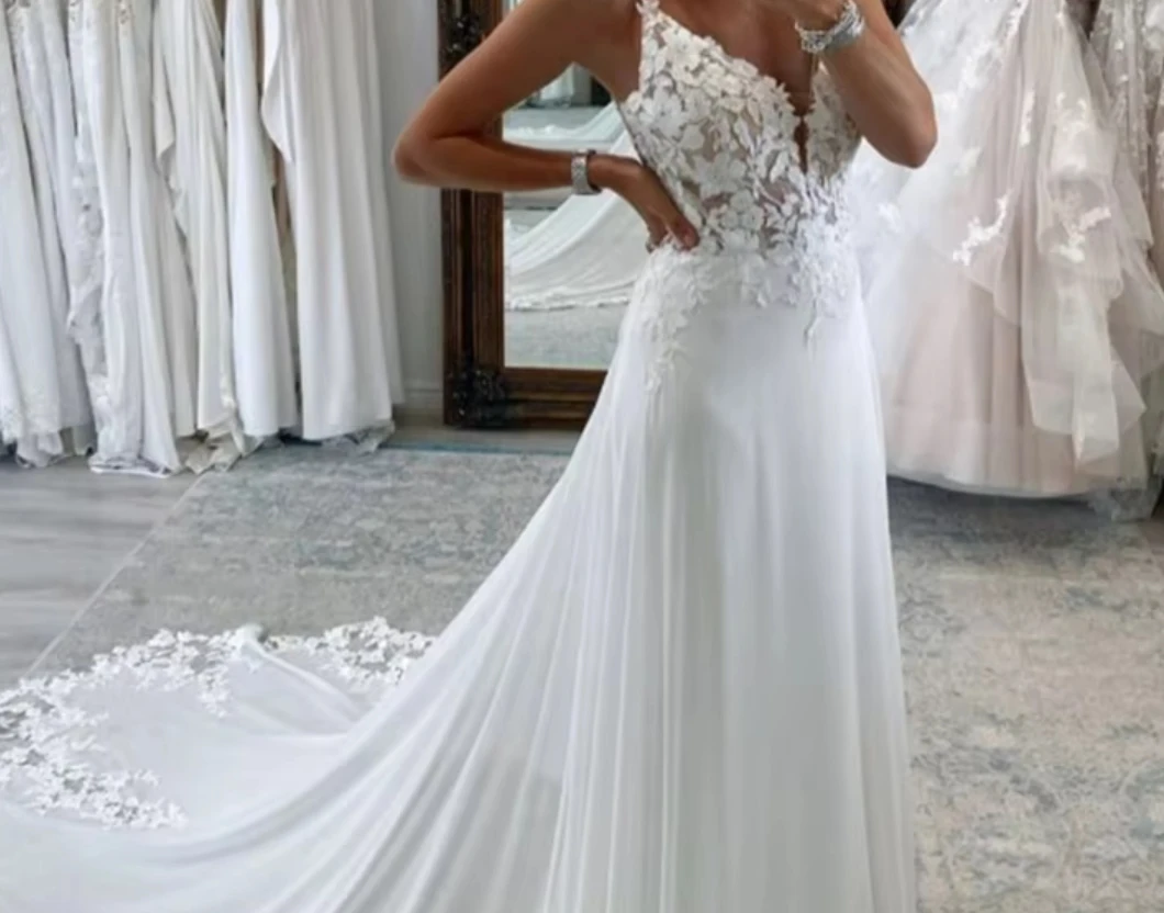 EPackage-Robes de mariée Boho, col en V, appliques en dentelle, bretelles spaghetti A-Line, personnalisées, train de cour, robe de patients