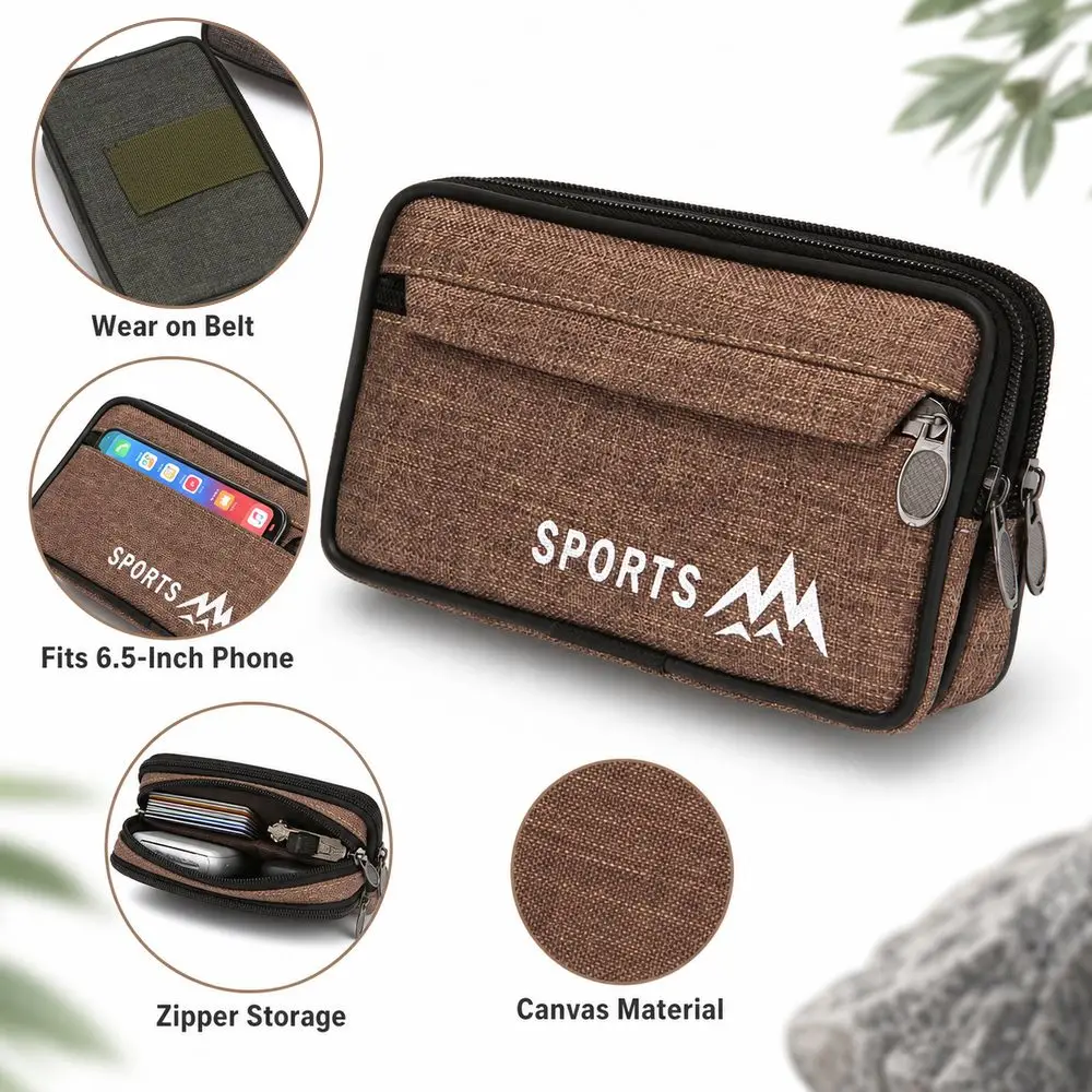 New Canvas Phone Waist Bag Zipper Multiple Layers Phone Case Universal Modern Belt Hanging Pouch Men's