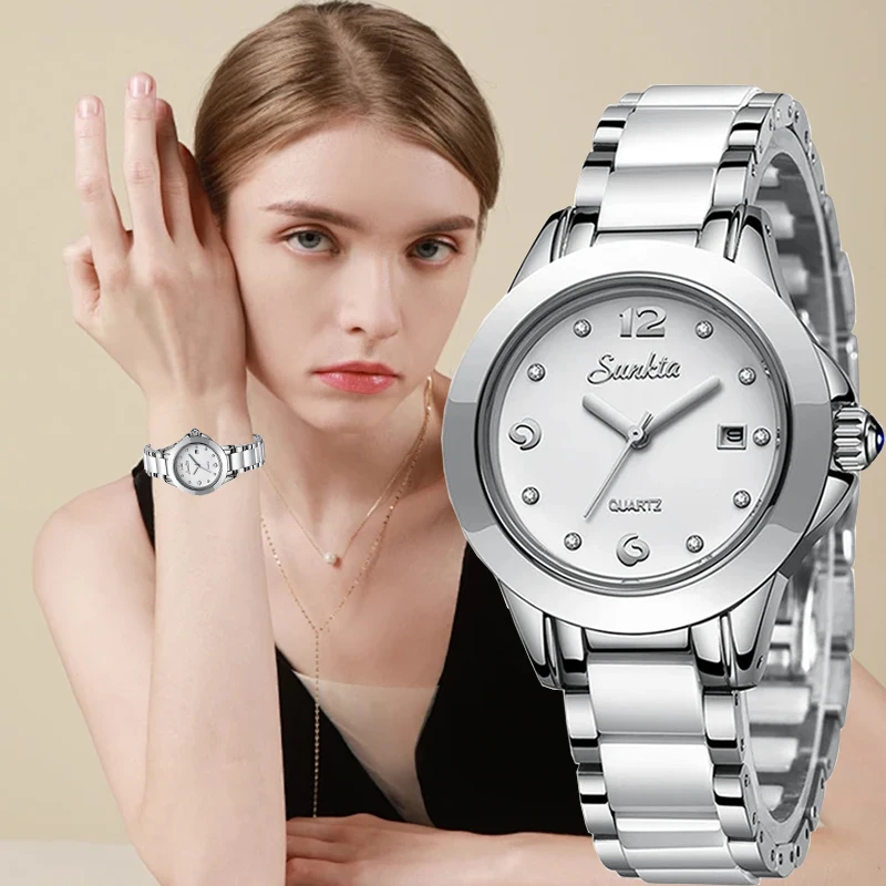 SUNKTA Classic Luxury Women's Watches Elegant Fashion Calendar Casual Ceramics Waterproof Quartz Woman Watch Ladies Bracelet+Box