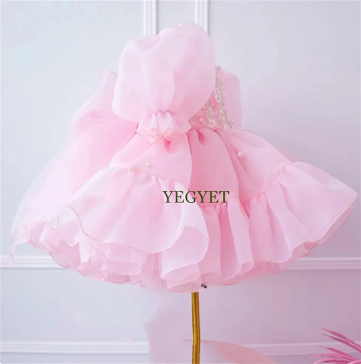 Pink Tailored Girls Dresses with Puff Sleeve Wedding Flower Girl Dress Kid Tutu Outfit Children Birthday Gowns