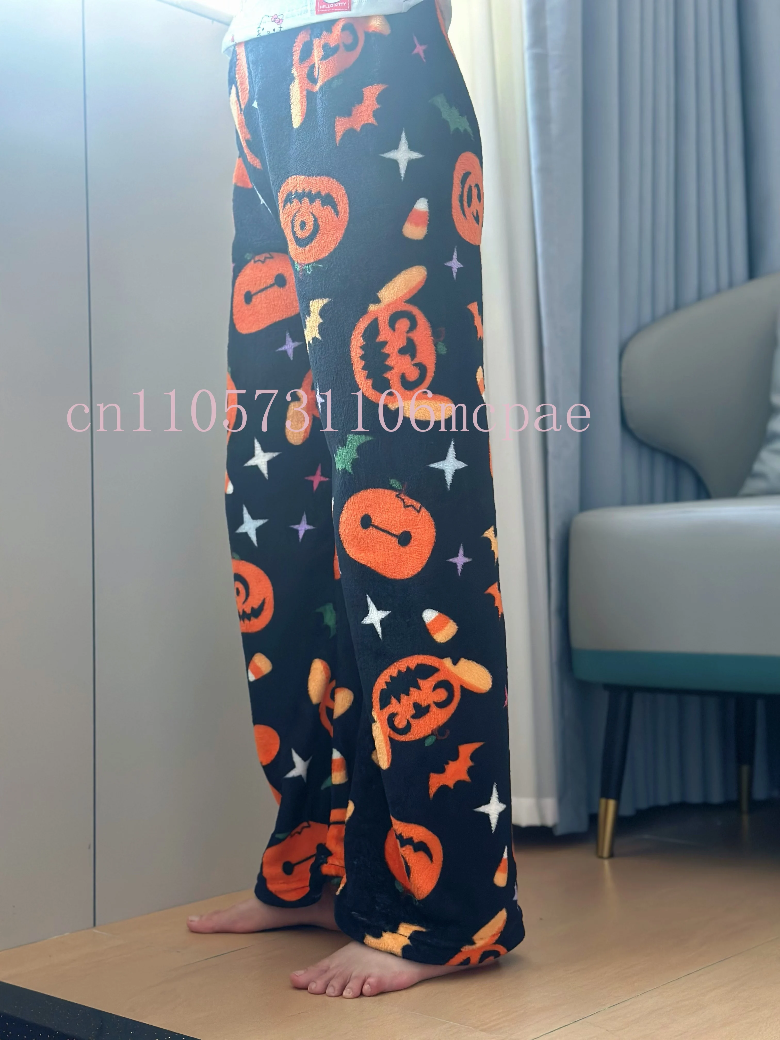 

Halloween Hello Kitty Loungewear Pants Cartoon Flannel Pajama Autumn Winter Casual Loose Trousers Ghost Pumpkin Halloween Gift