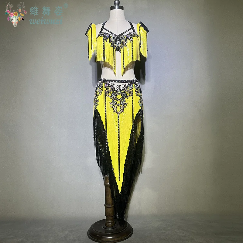 

Комплект для танца живота, роскошный бюстгальтер с бриллиантами на заказ + сексуальная юбка с кисточками, 2 предмета, костюмы для соревнований по восточному танцам для взрослых и детей