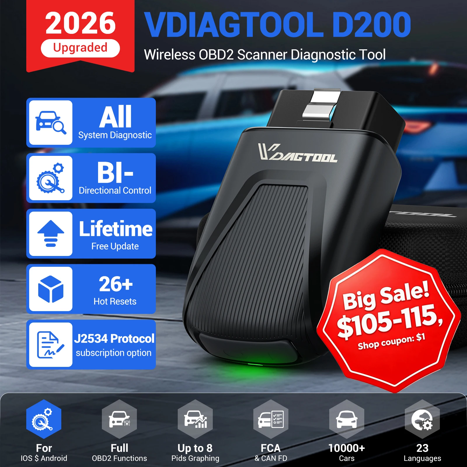 

2026 VDIAGTOOL D200 Bluetooth OBD2 Scanner Car Diagnostic Tools Lifetime Free Update 26+Reset All System Active Test J2534 FCA