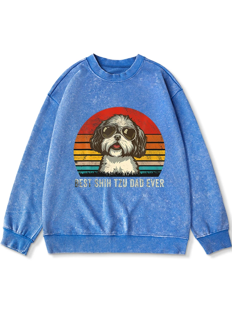 Best Shih Tzu Dad Ever Print Women Washed Distressed Hoody Autumn Comfortable Cotton Sweatshirt Warm Loose Versatile Sportswear