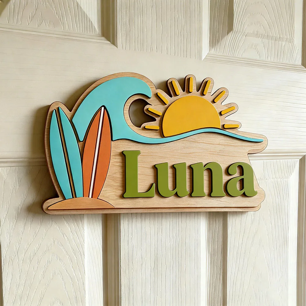 Custom Beach Wave Surfboard Sun Name Door Sign for Kids Bedroom Personalized Tropical Ocean Themed Wooden Nursery Plaque view 3