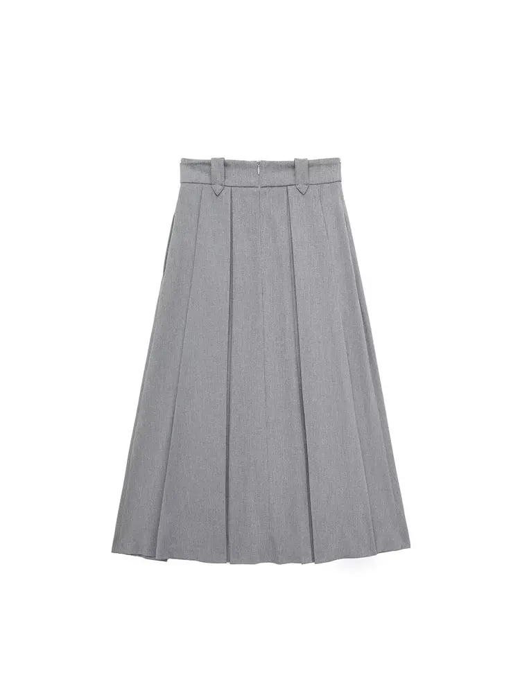 TRAF 2024 Spring Pleated Midi Skirt Woman High Waist A Line Skirt Elegant Long Skirts For Women Fashion Office Skirts