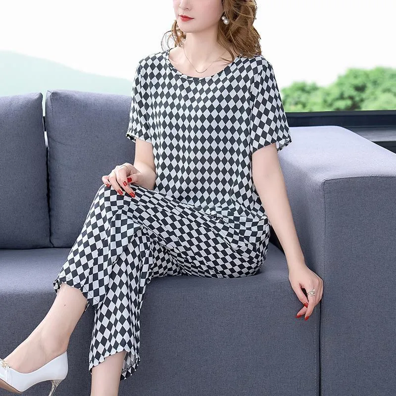 Casual Suit Women\'s 2023 Spring Summer New Solid Color Cotton Silk Pants Suit Blouses Short-sleeve Tops Mother Two Piece Sets