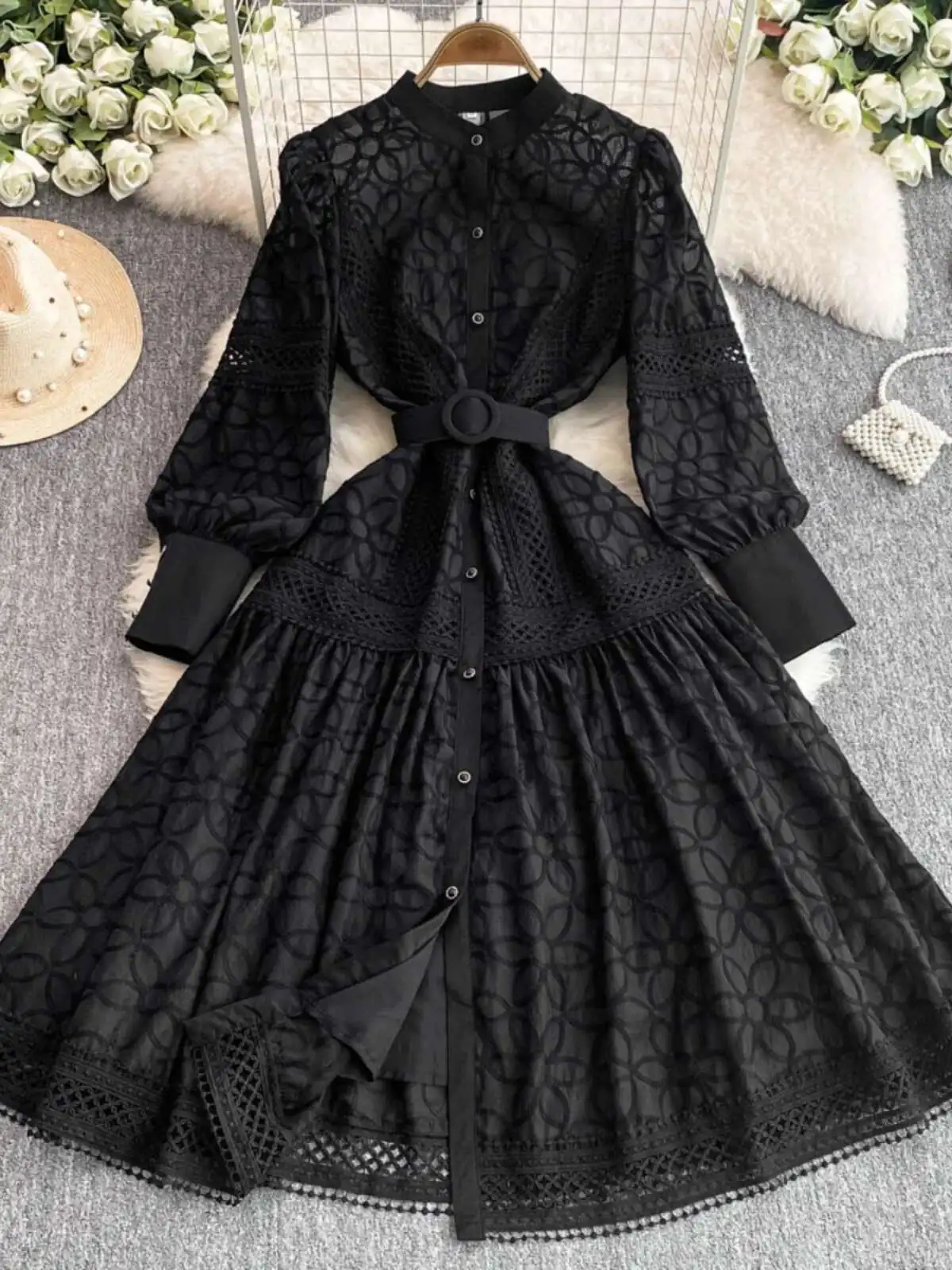 Luxury White Midi Dresses Women Summer Palace Style Single Breasted Pearls Embroidery Lace Evening Party Wedding Long Dress