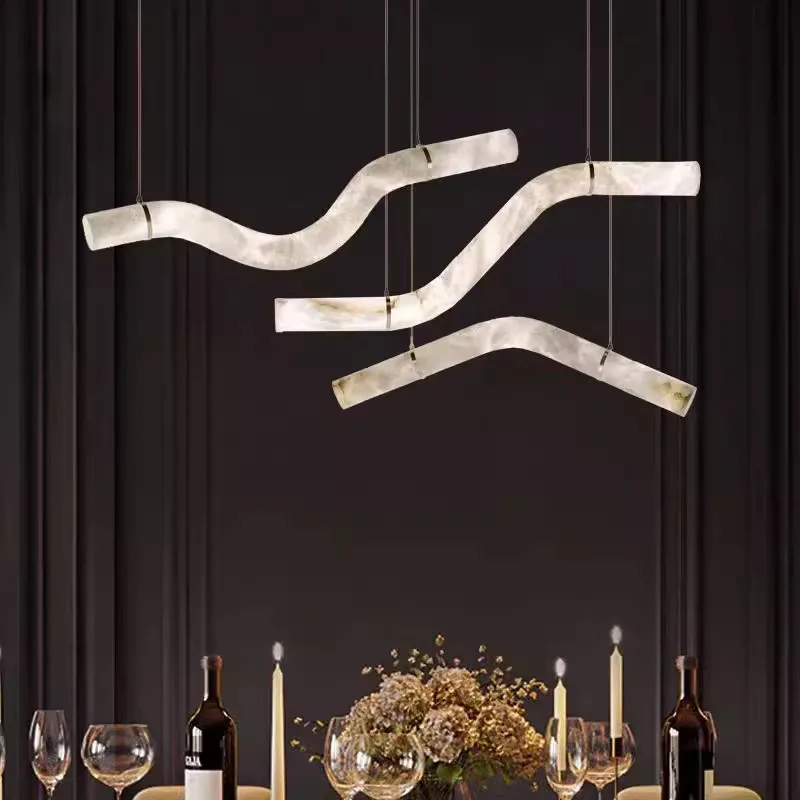 Natural marble chandelier, modern simple long special-shaped designer, creative restaurant bar commercial atmosphere art lamp
