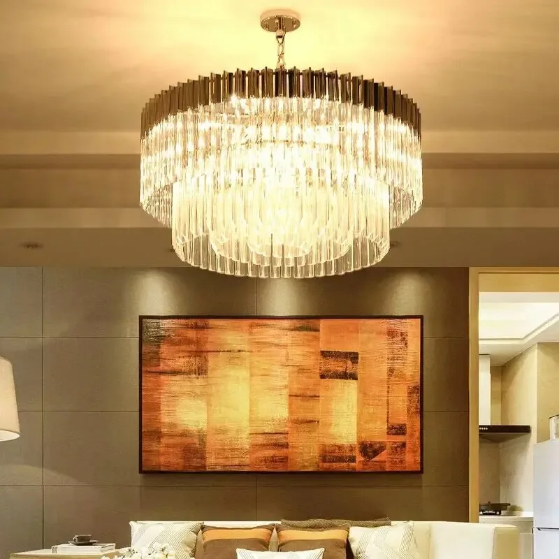 

Modern Hotel Hall Luxury K9 Crystal Pendant Led Lights Round Plate Shiny Gold Steel Lustre Pendant Lamps Living Room Decoration