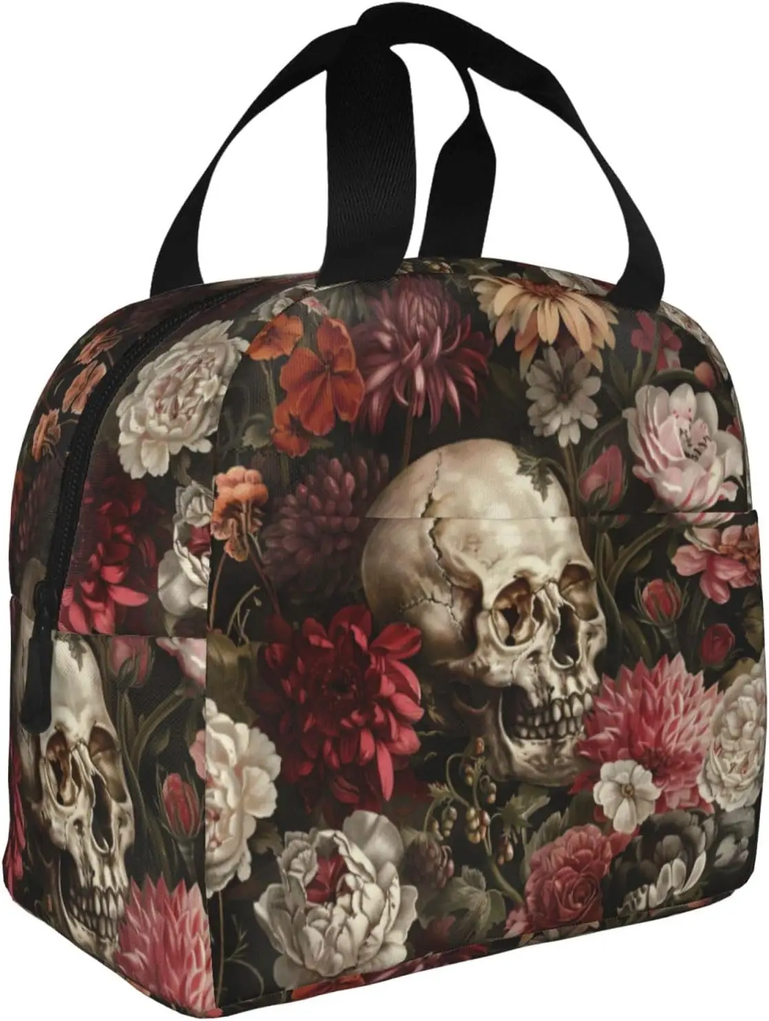 Floral Skull Print Insulated Lunch Bag, Reusable Lunch Box With Front Pocket For Work And Picnic Container Waterproof Portable