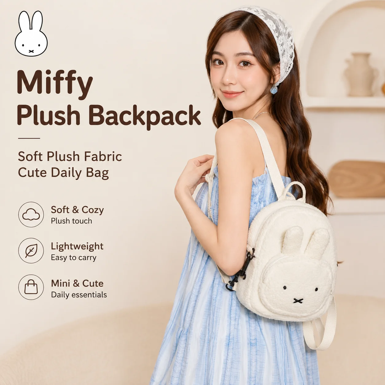 Cute Miffy Rabbit Plush Backpack Large Capacity Mini Rucksack Portable Adjustable Shoulder Bag Soft Plush School Travel Backpack