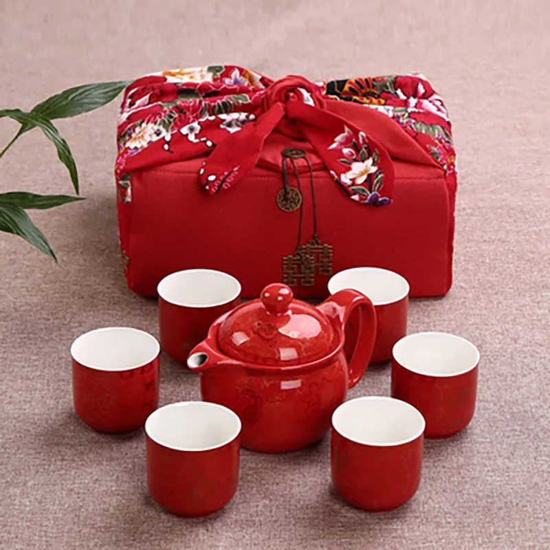 

Chinese Traditional Ceramic Tea Set, Retro Red, Double Happiness Teapot Cup, Newlywed Souvenir Gift, Wedding Supplies