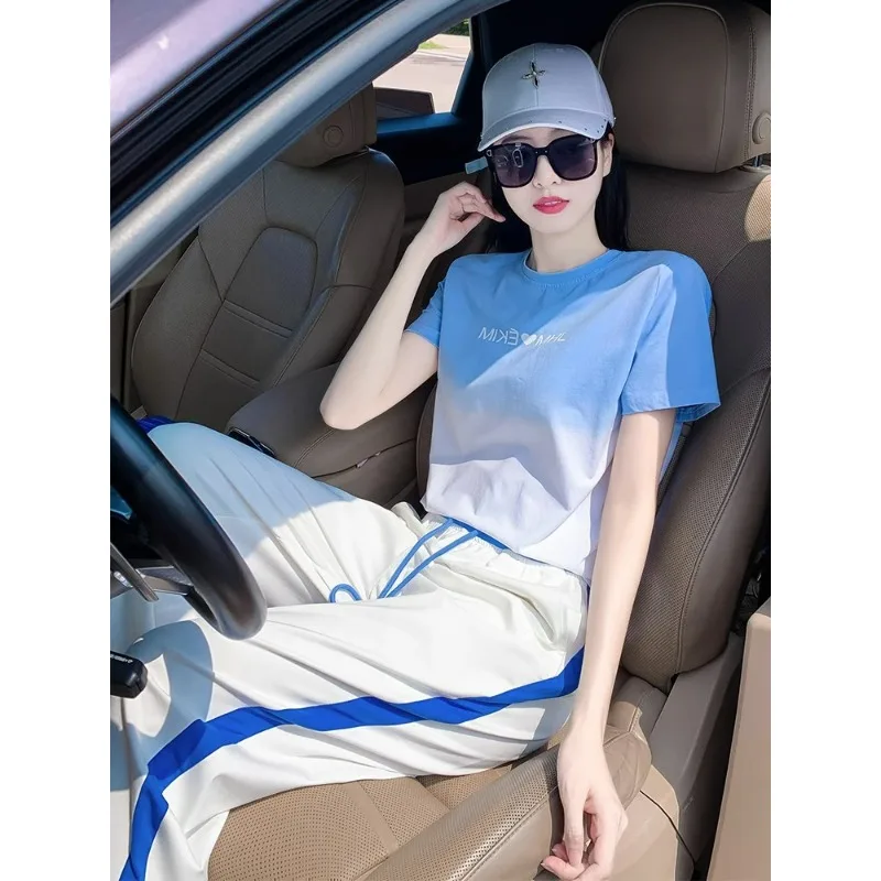 Leisure Sports Age Reduction Set Women Summer New Design Sense Short Top Wide Leg Pants Fashionable Two Piece Set Comfortable