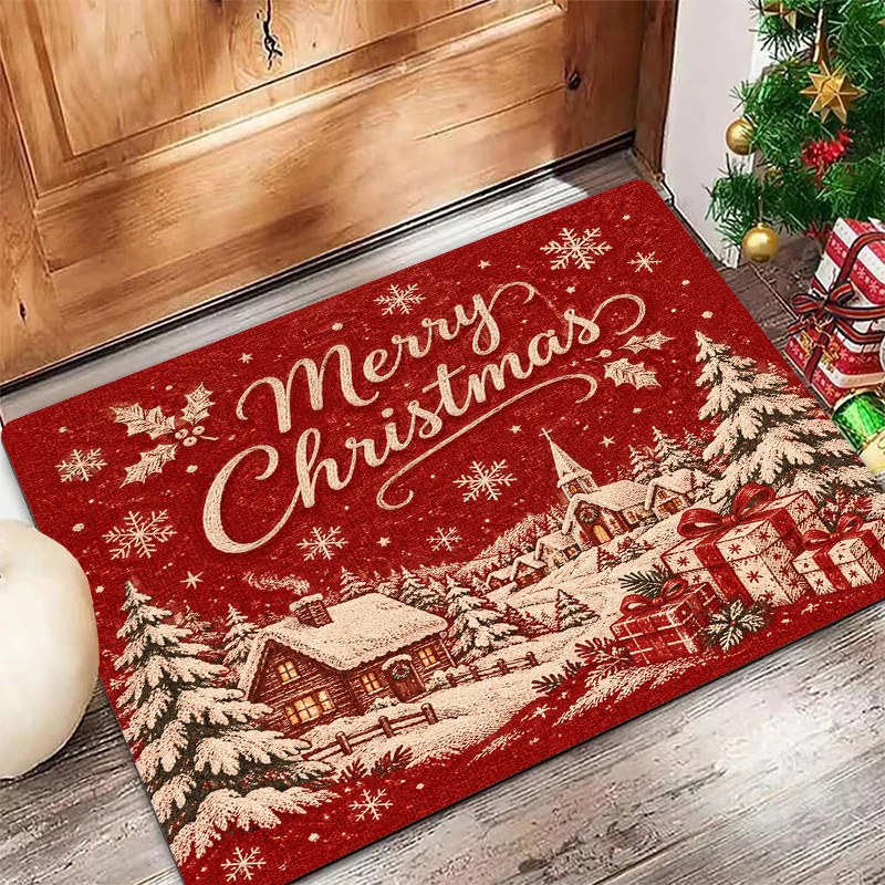 Candy Cane Bow Holiday Welcome Carpet  Star Holly Berry Print Non Slip Indoor Entrance Rug For Winter Theme Home Decor