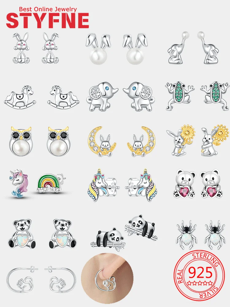 

Earrings 925 Silver Animal Series Earrings Rabbit Elephant Trojan Panda Owl Stud Earrings for Original Women Party Jewelry Gift
