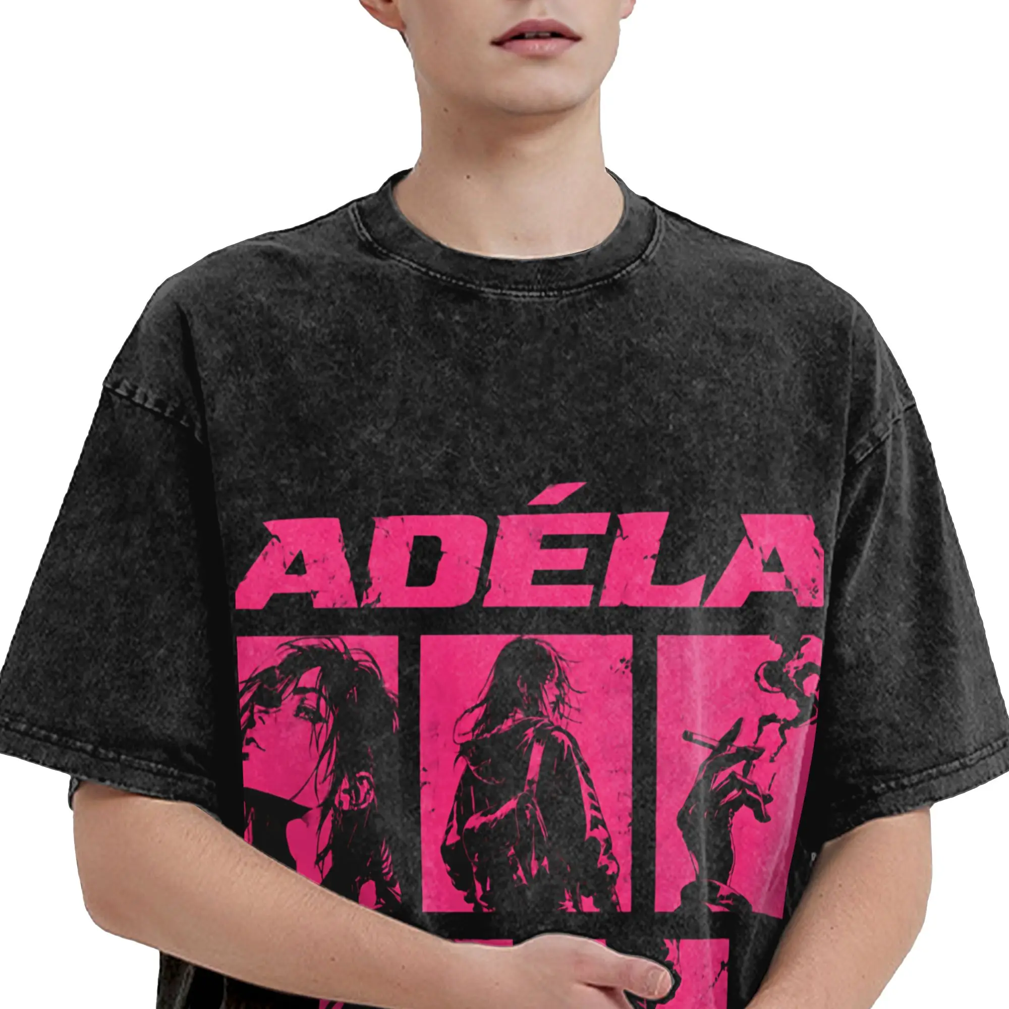 ADÉLA Grunge Collage  T Shirt Hip Hop Washed Short Sleeve High Street T-Shirt Novelty for Men Women Streetwear Printed Tops Tees