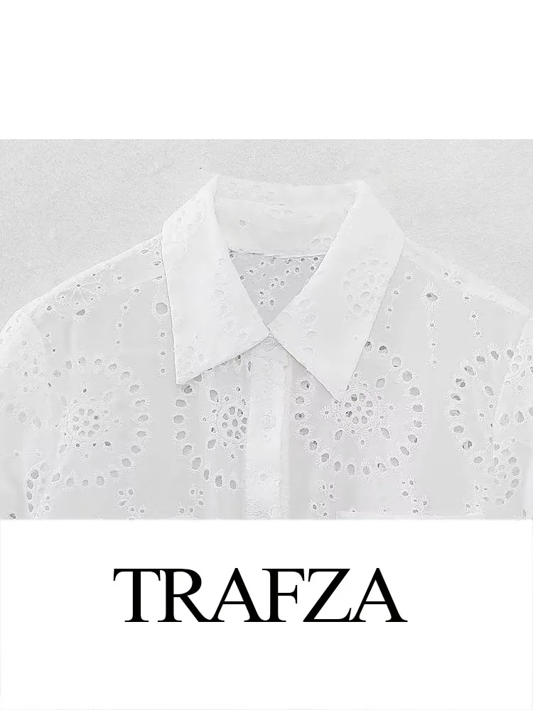 TRAFZA-Conjunto feminino curto bordado branco de duas peças, blusa oca, shorts largas, elástico na cintura, terno casual, verão