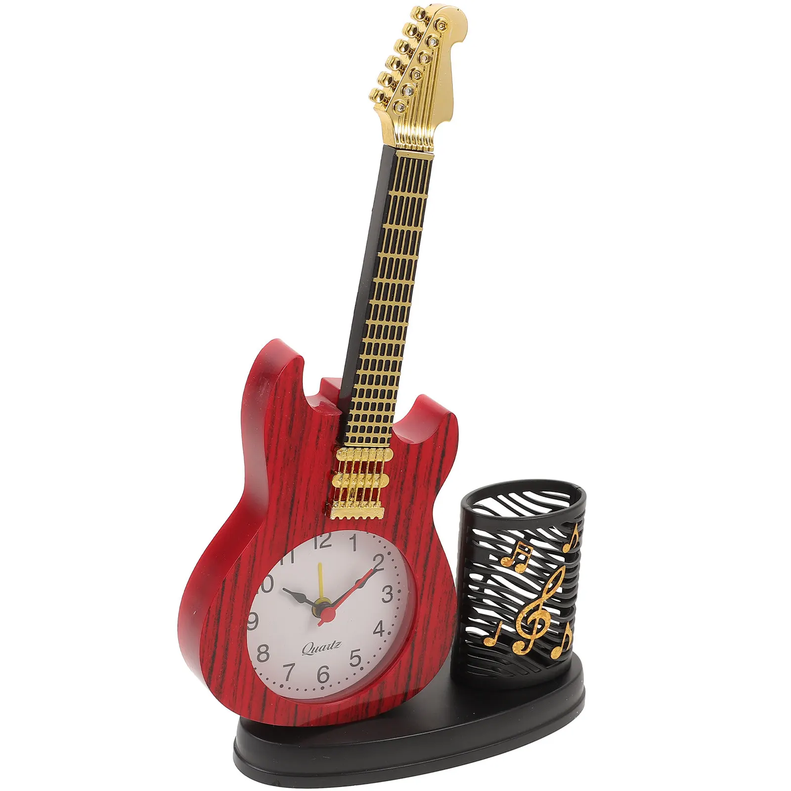 Violin Shape Desktop Clock with Pen Holder Silent Battery Operated Table Clock for Home Office Study Room Decorative Desk