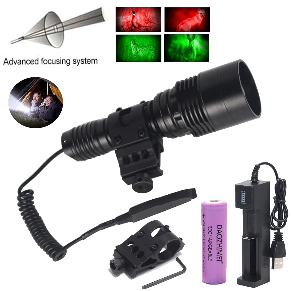 

500 Yards High Power Professional Zoom Hunting Tactical Flashlight Handheld White+Red+Green Predator Light 18650 Torch