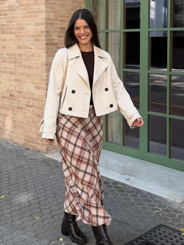 

HH Women New Fashion Retro Versatile Plaid Zipper Slim Midi A-Line Skirt Female High Waist Casual Street Ankle-length Long Skirt