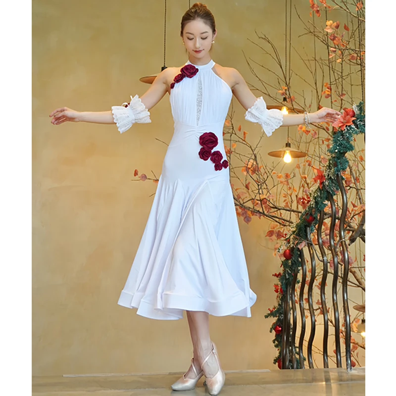 2024 Ballroom Dance Dress Women Flower White Black Practice Clothes Waltz Dance Performance Wear Group Competition Dress BL13437