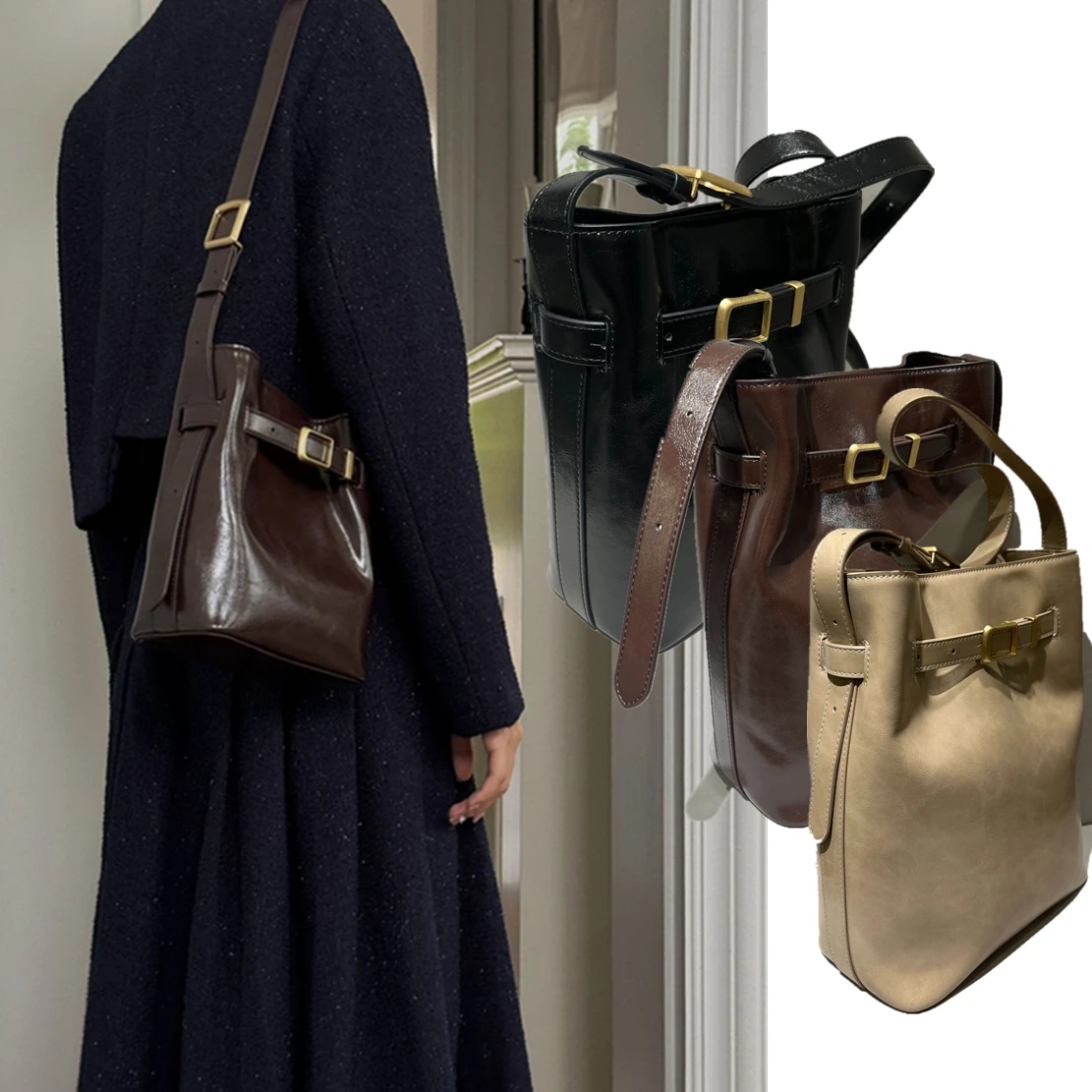 

Dave&Di Crossbody Bucket Bag Nordic Minimalist Genuine Leather Retro Oil Wax Women Leather Cowhide Single Shoulder Bag