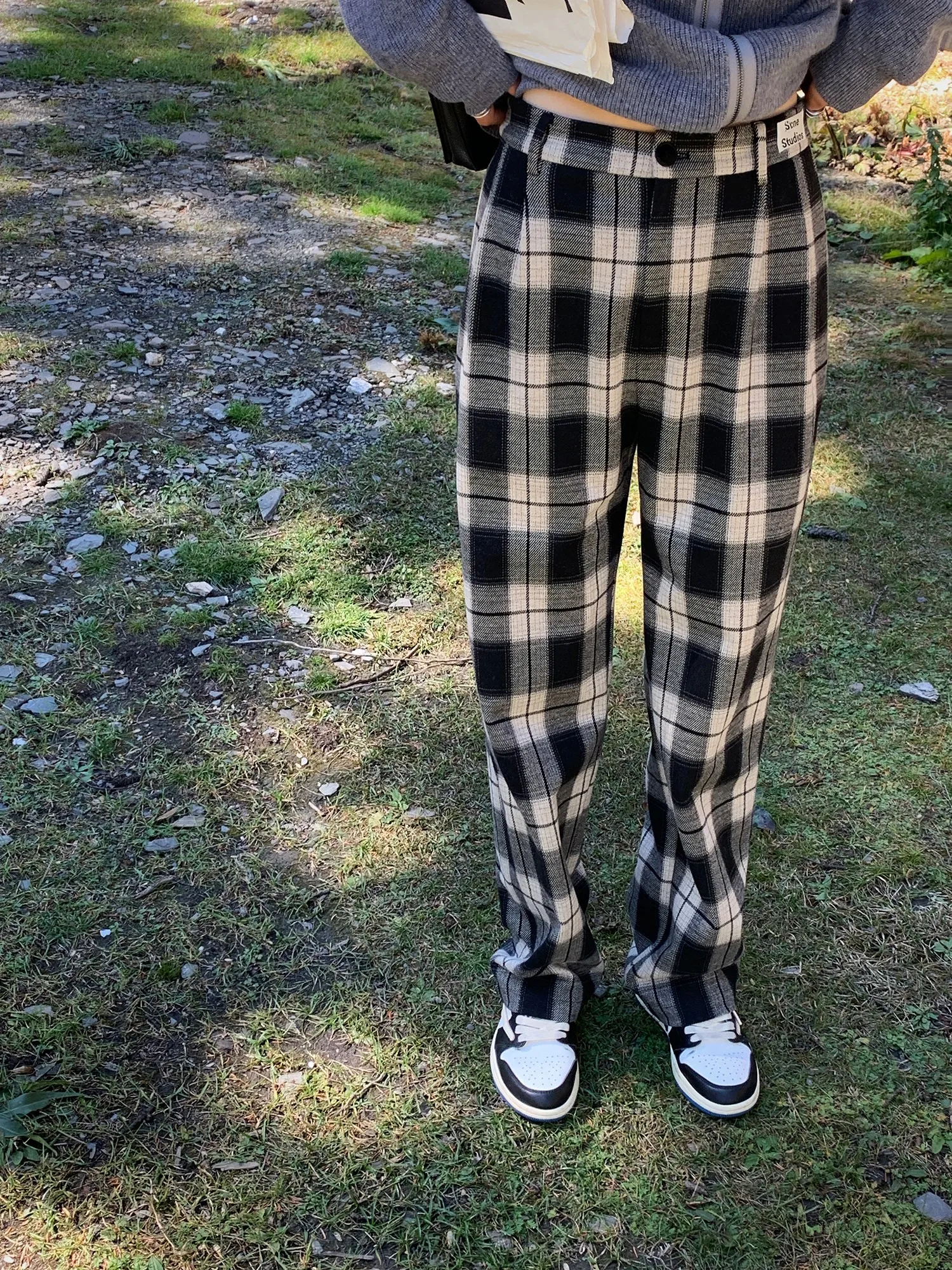 

Женские брюки с высокой талией в клетку, осенне-зимние, новые, черно-белые, в стиле ретро, модные, шерстяные, прямые, повседневные, свободные, широкие брюки