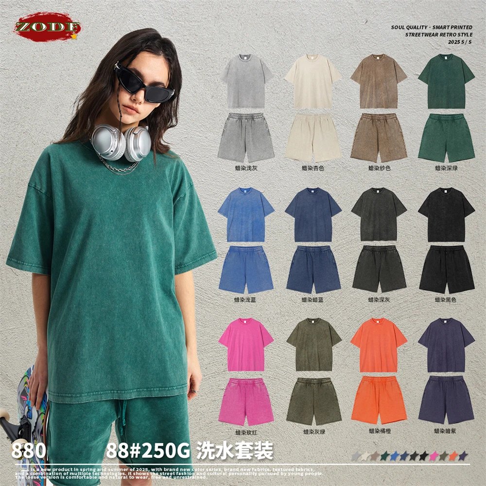 ZODF Vintage Summer Man 100% Cotton T-Shirt Shorts Set Unisex Loose Retro Solid Batik Washed T Shirts Brand Clothing