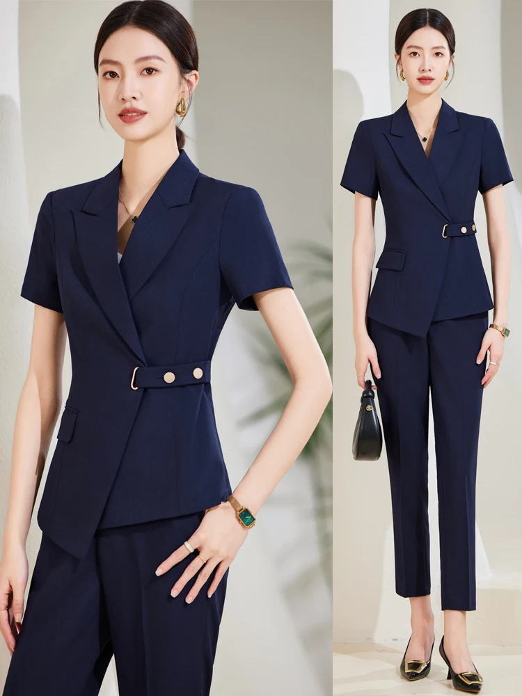 

Summer Thin Suit Set Women's Professional Jewelry Store Work Uniform Elegant Lady Style Hotel Staff Uniform Polyester Fiber
