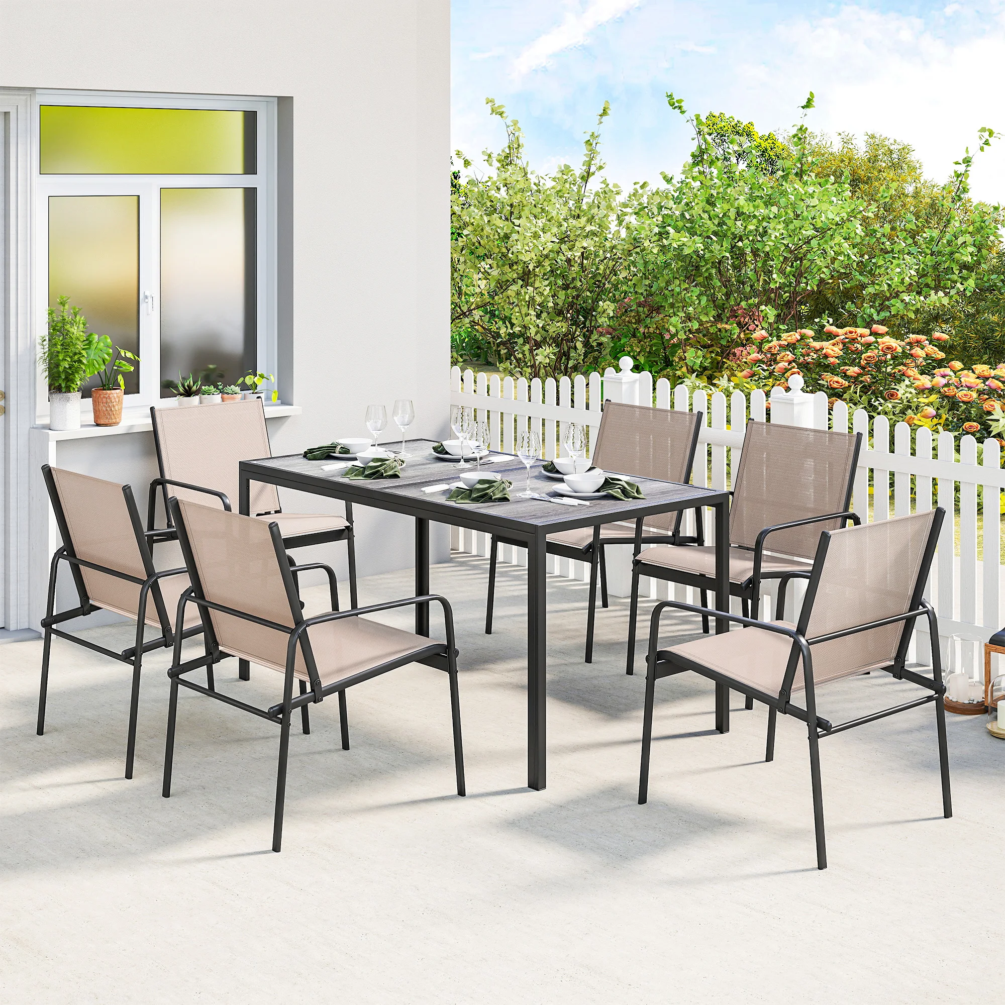 Outsunny Conjunto de Mesa y Sillas Jardín de 7 Piezas, Muebles de Jardín Exterior con Mesa de Efecto Madera y 6 Sillas con Asiento Transpirable, Marco de Acero Galvanizado, para Terraza, Patio