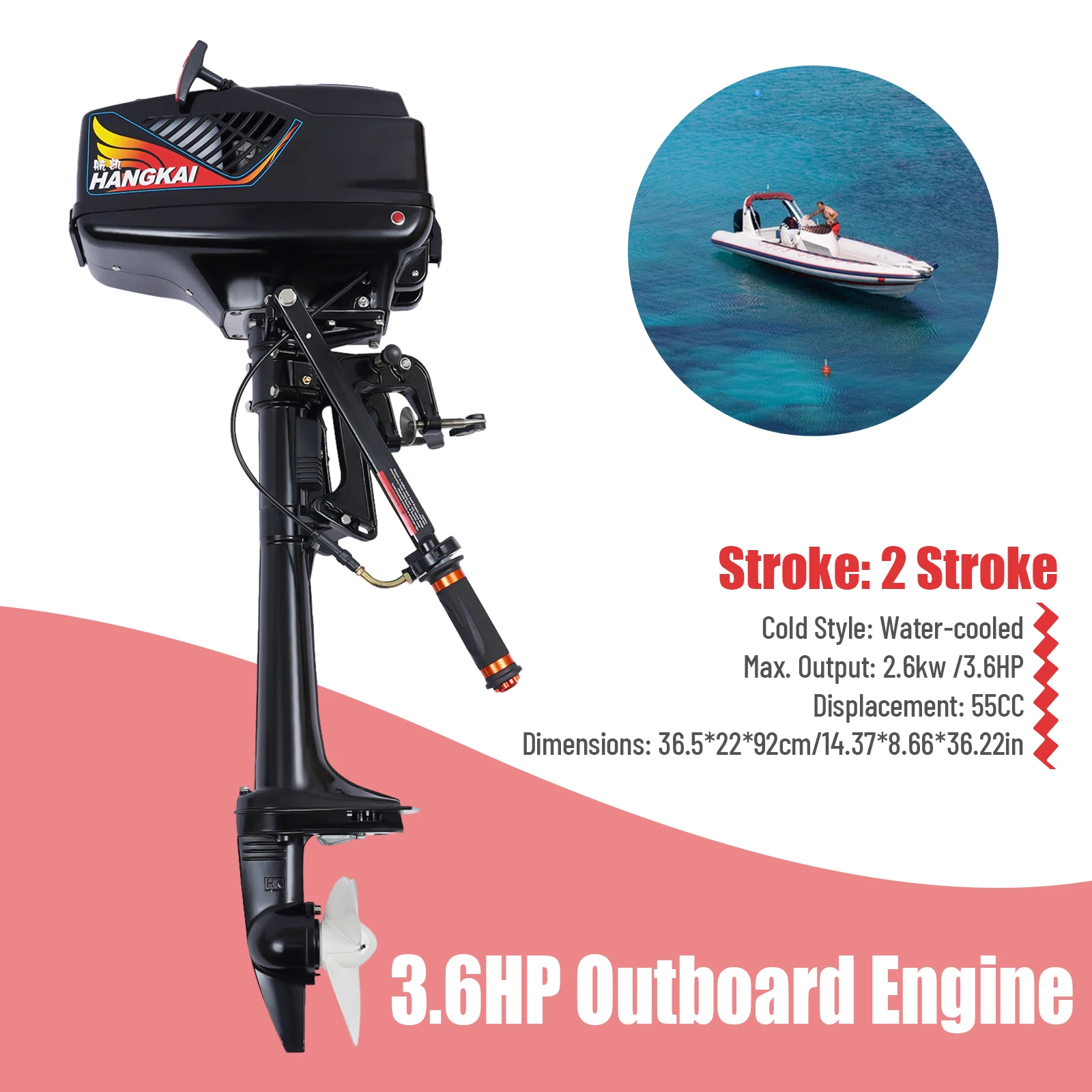 

3.6HP 2-Stroke Outboard Motor - 55CC Manual Start Engine for Fishing Boat, Dinghy & Small Watercraft