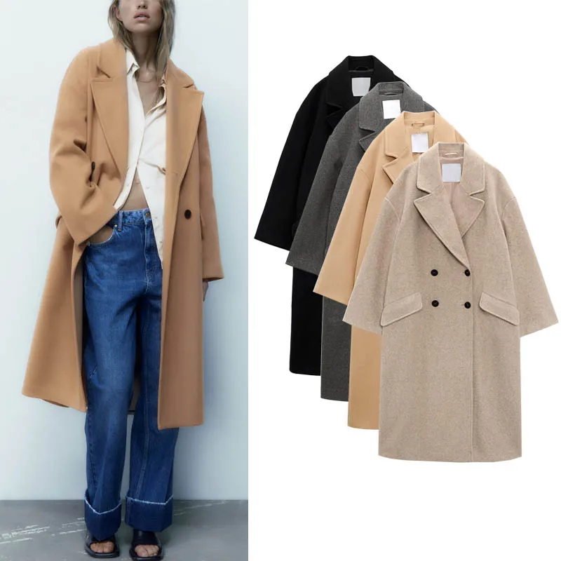 

Winter New Double-Breasted Loose Lapel Long Sve Wool Blend Neutral Sle Coat 3030 Faionable Commute Polyester Fiber
