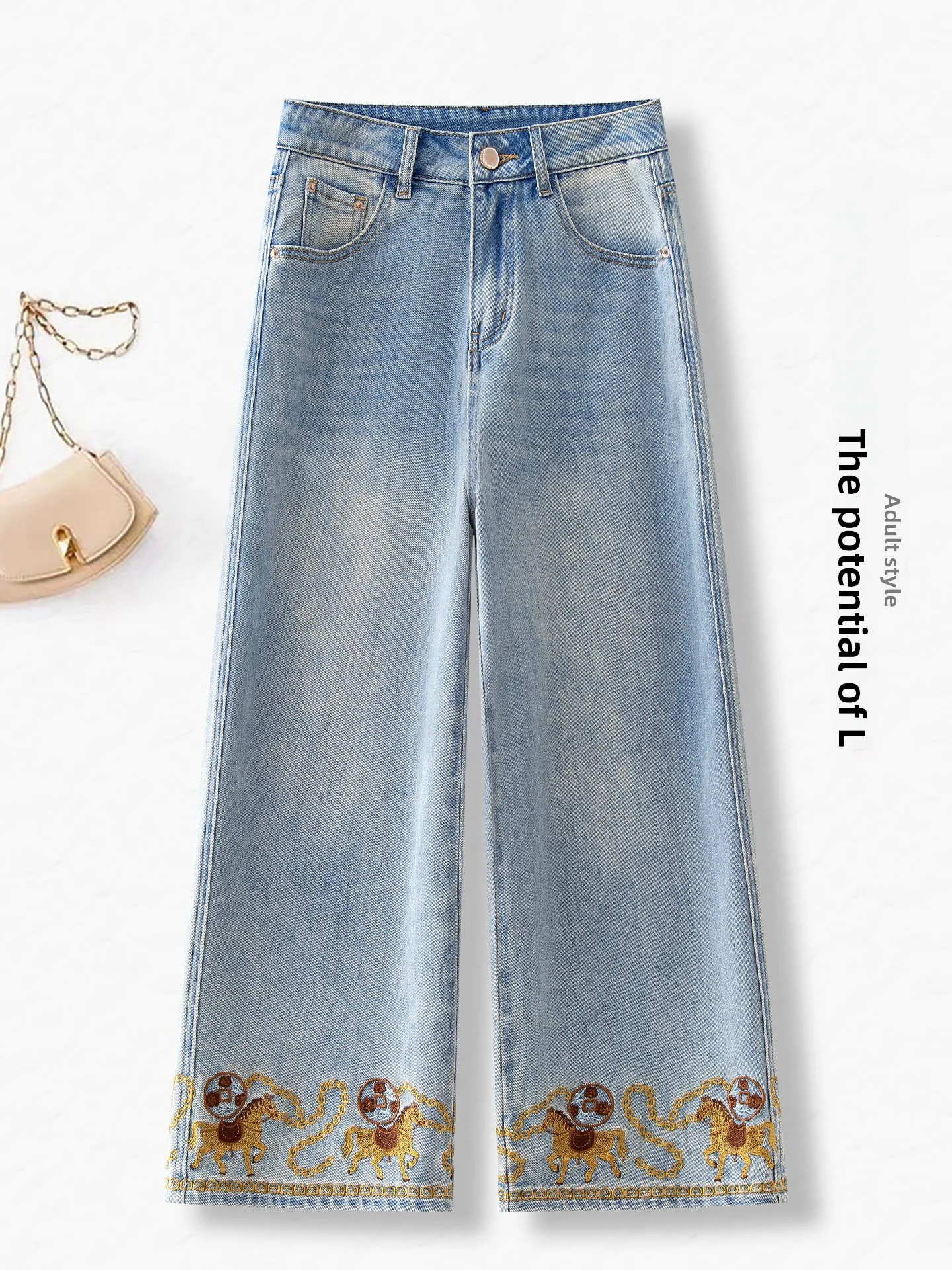 

Elegant Embroidered Wide Leg Jeans High Waist Slimming Nine Point Straight Cut Summer Thin New Style for Short Women