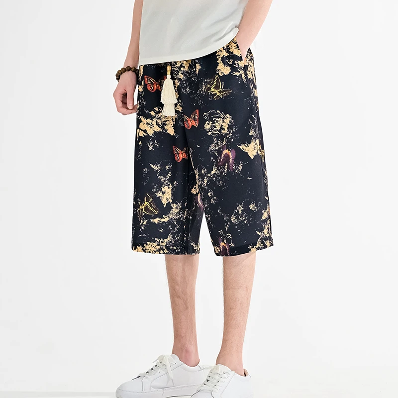 2026 Summer New Arrival Chinese Style Men's Casual Seven Points Shorts Drawstring Thin Ethnic Print Loose Beach Shorts