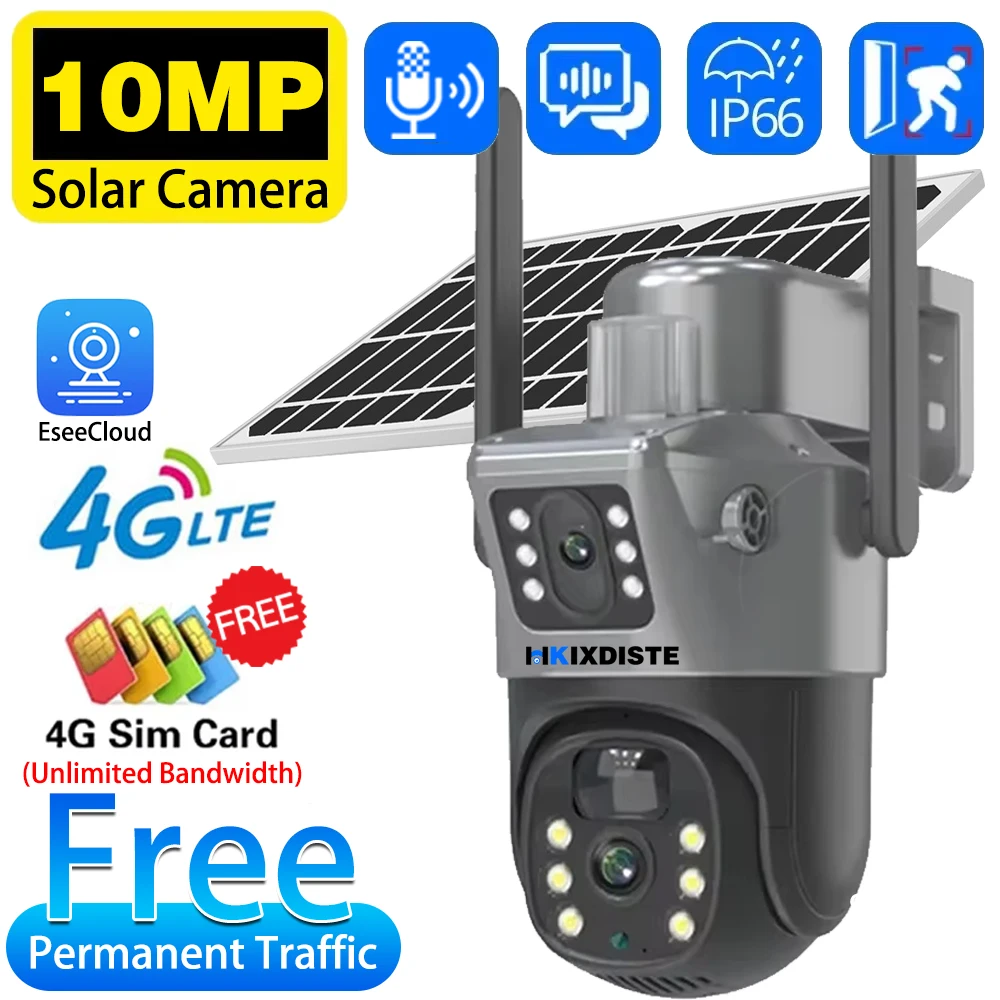 

Free 4G Internet Traffic Card Solar Camera 10MP 5K Dual Lens Monitor Security Protection PTZ Video Surveillance CCTV PIR Detect