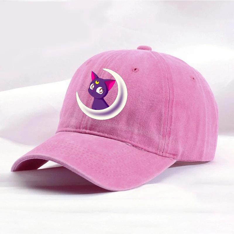 Sailors Moon Washed Girl Baseball Cap Luna Artemis Cute Cat Women Hip Hop Peak Caps Travel Ponytail Hat Outdoor Sport Sunhat