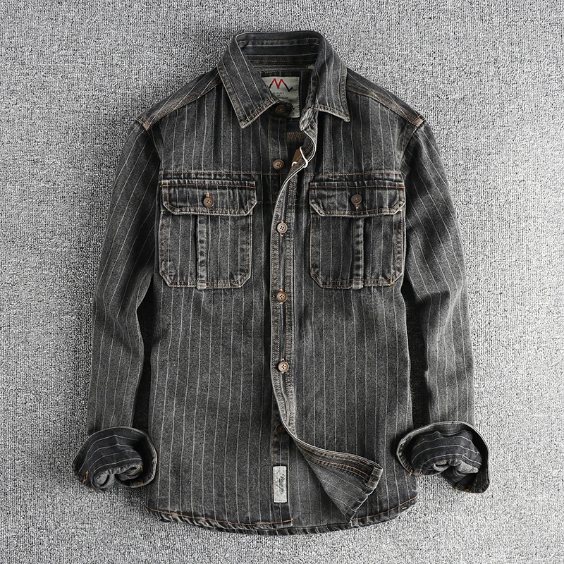 

2024 Autumn New American Retro Denim Cargo Striped Shirt Men's Simple Pure Cotton Washed Casual Loose Yonth Blouses Thin Jacket