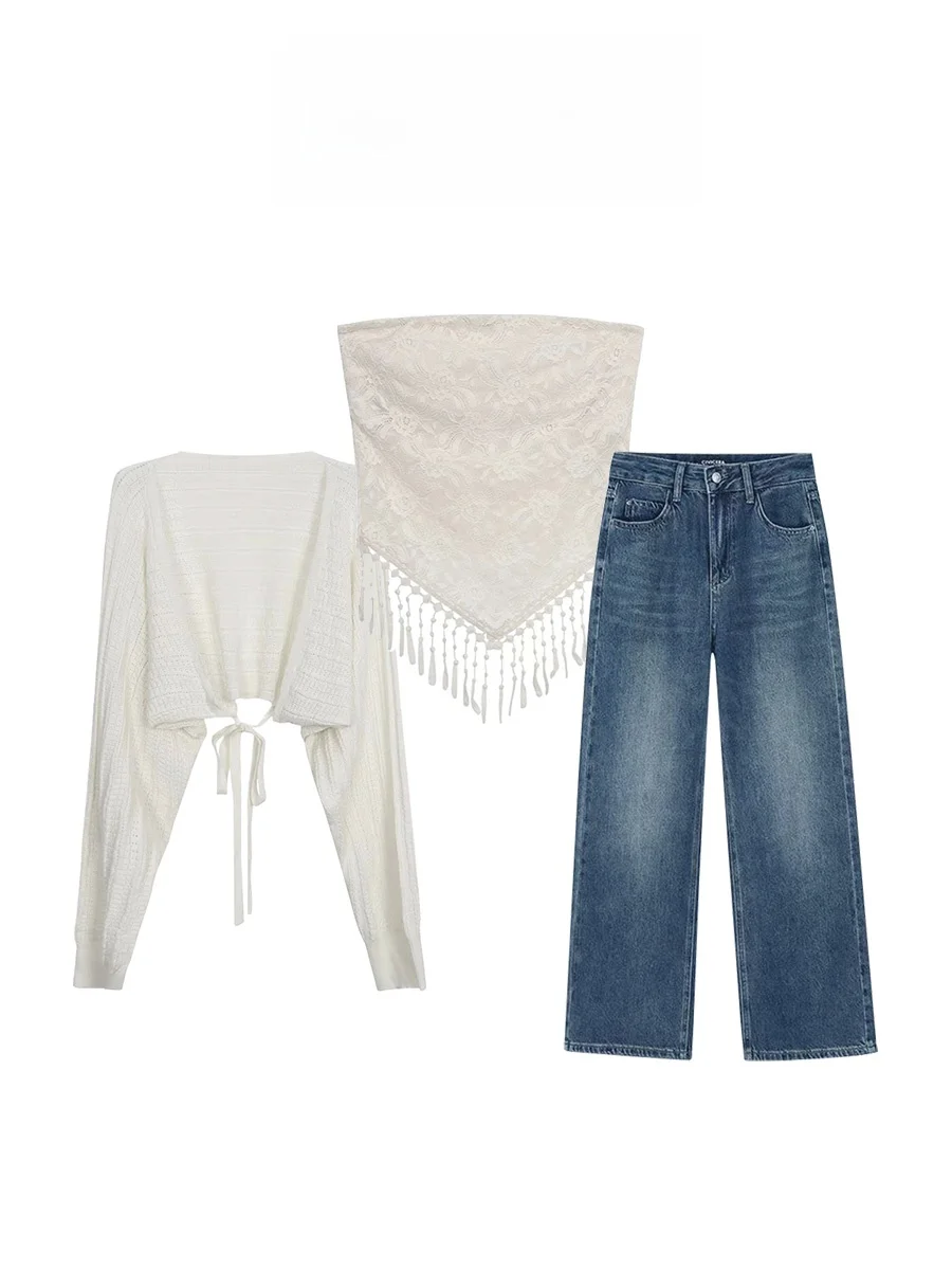 

Летний комплект Parkyeon: вязаный кардиган, топ и джинсы – универсальный повседневный набор из трех предметов с коротким рукавом и круглым вырезом