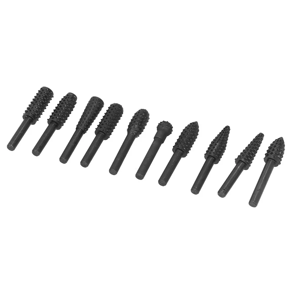 10PCS Multifunctional 45 Steel Carving Bit Set Black Straight Body Rotary Rasp Set Compact Multi Shape Grinding Head