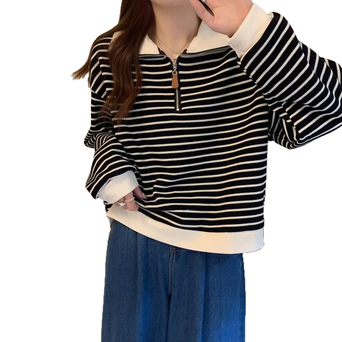 

New Large-size Women's Autumn and Spring Loose Fitting Casual Half-zip Turn-down Collar Long-sleeve T-shirt with Stripes