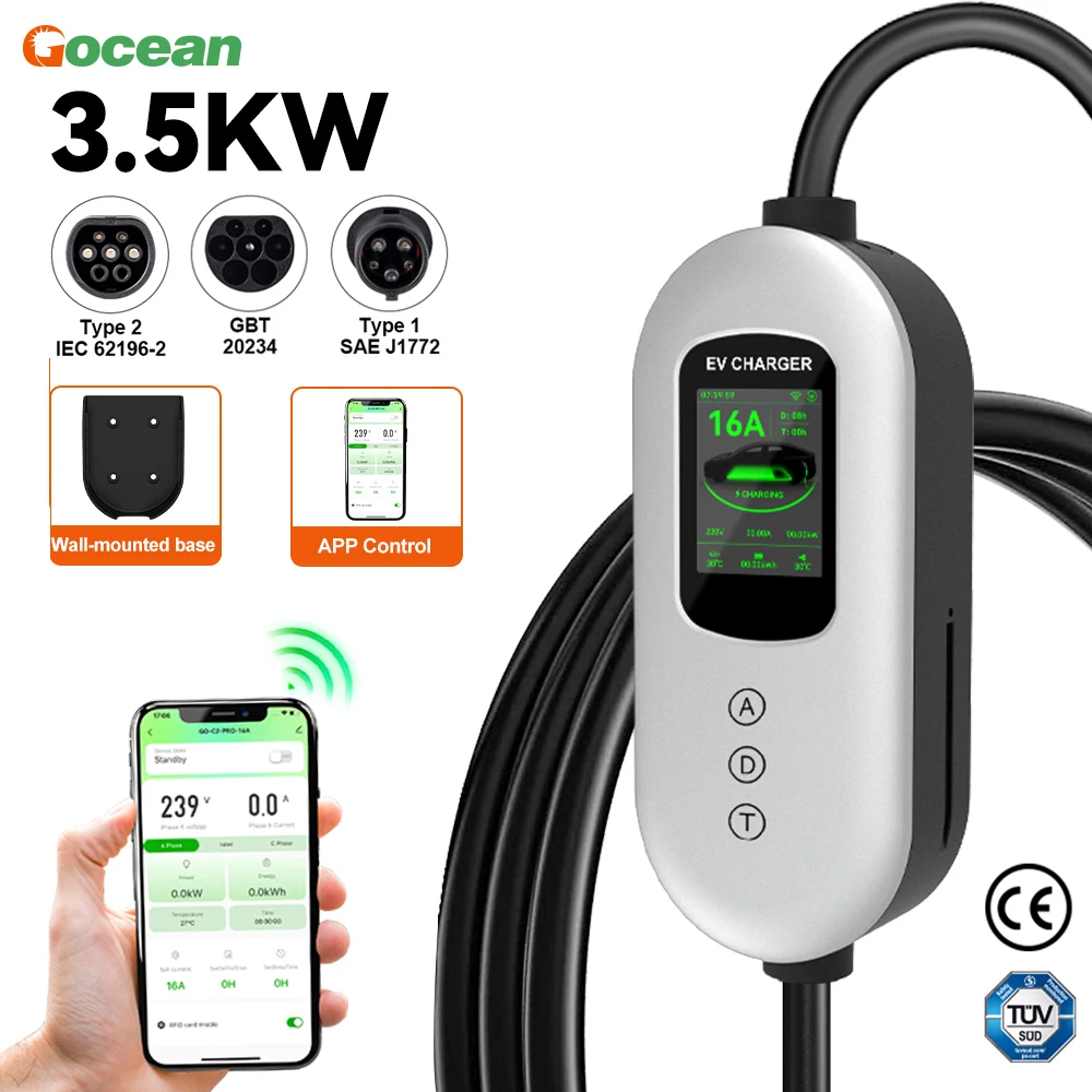Gocean 3.5KW Type1 EV Charger Portable 5M Cable SAE J1772 Adjustable Current EVSE Charging For Electric Vehicle With APP Control