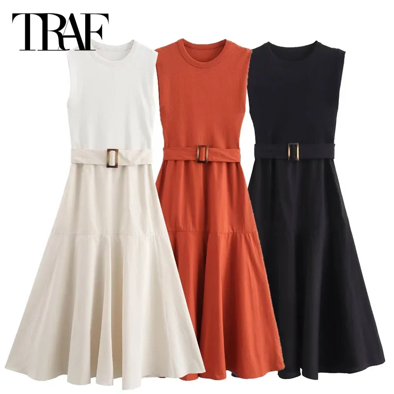 TRAF Summer One-Piece Dress Womens Dresses Midi Sleeveless Long Dresses Black White Knitted Belt Sundress Vacation Dresses 2024