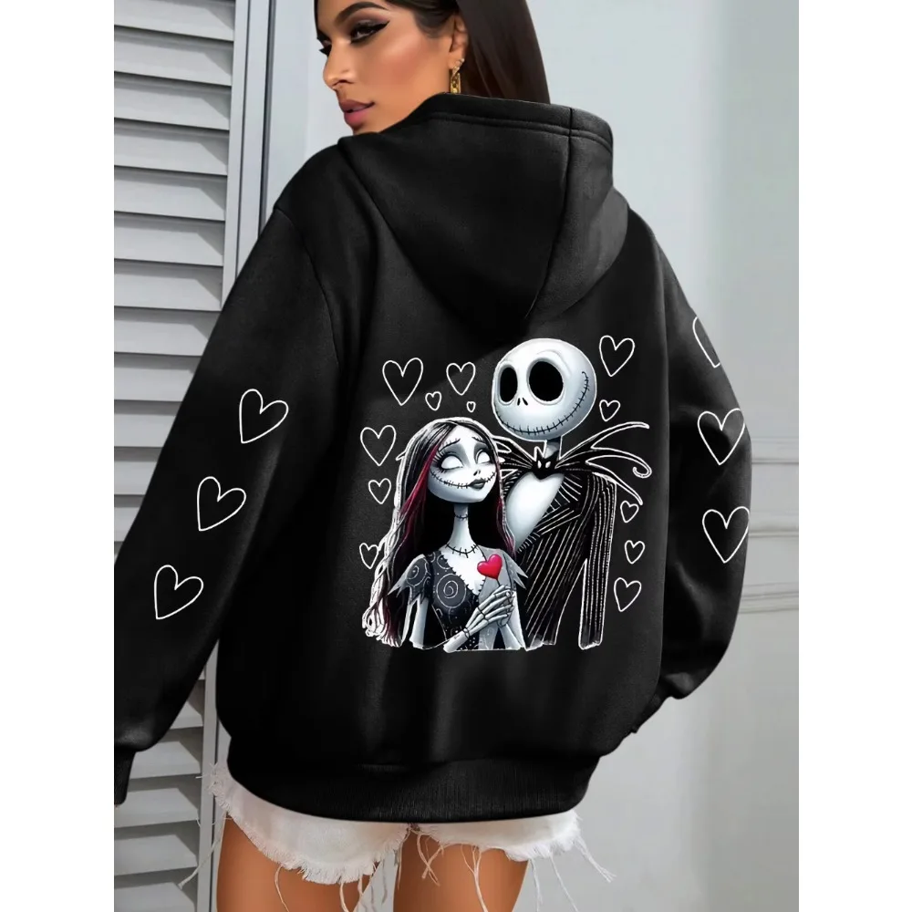 Disney Halloween Collaboration Skeleton Jack&Sally CP Printed Hoodies Dark Style Sweet and Cool Outfit American Retro Oversized