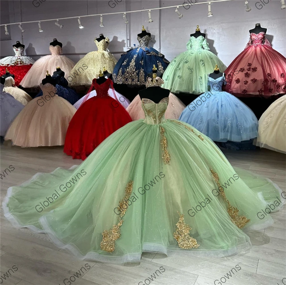 Vestido De baile De quinceañera, traje largo con apliques De cuentas, color verde hierba, con cordones, para fiesta De cumpleaños, 15 Años